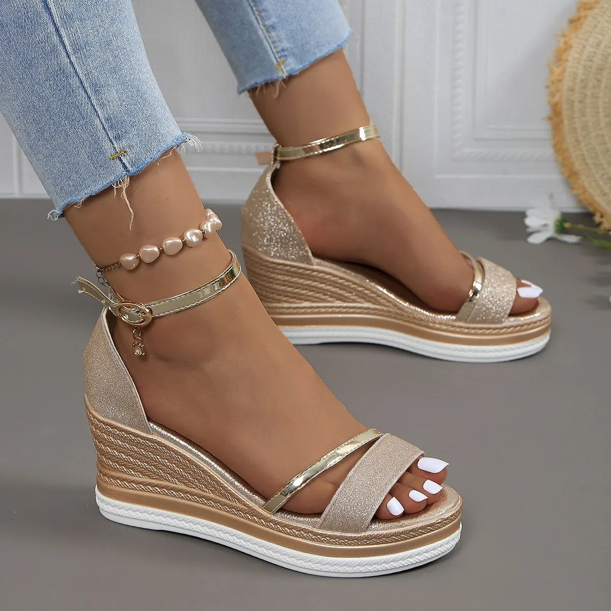 Alma | Women's Glitter Wedge Sandals Ankle Strap Tan