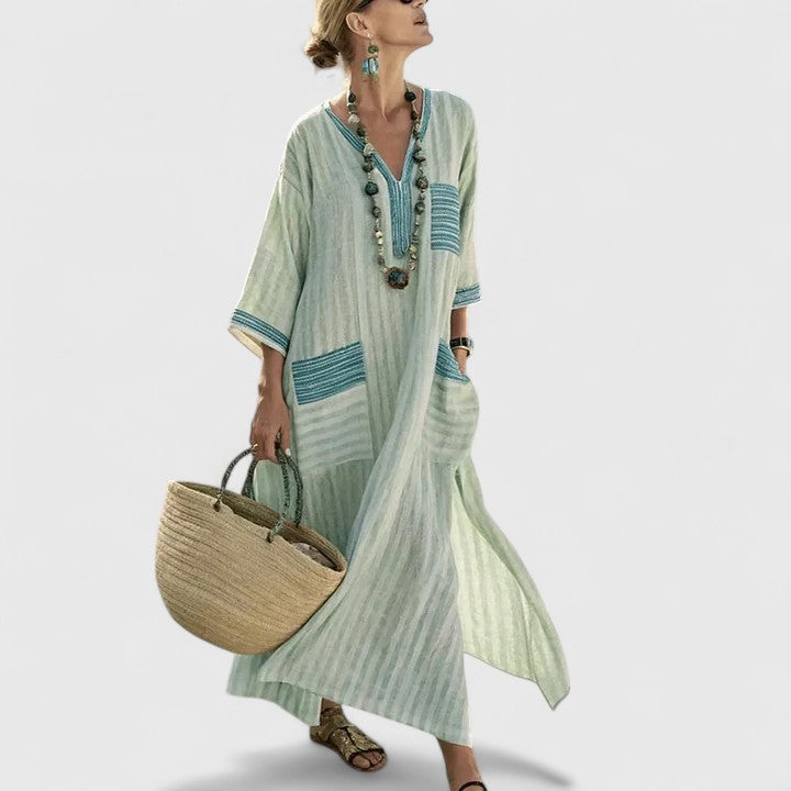 Alma | Women's Linen Maxi Dress Sage Boho Striped