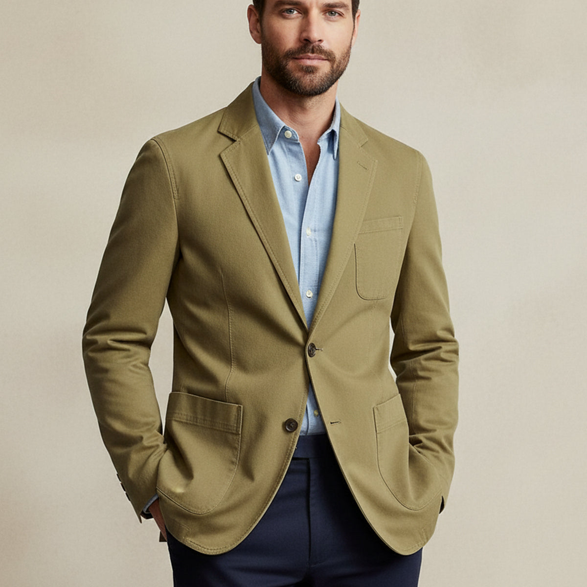 Wade | Men's Casual Khaki Cotton Blazer Windbreaker With Pockets