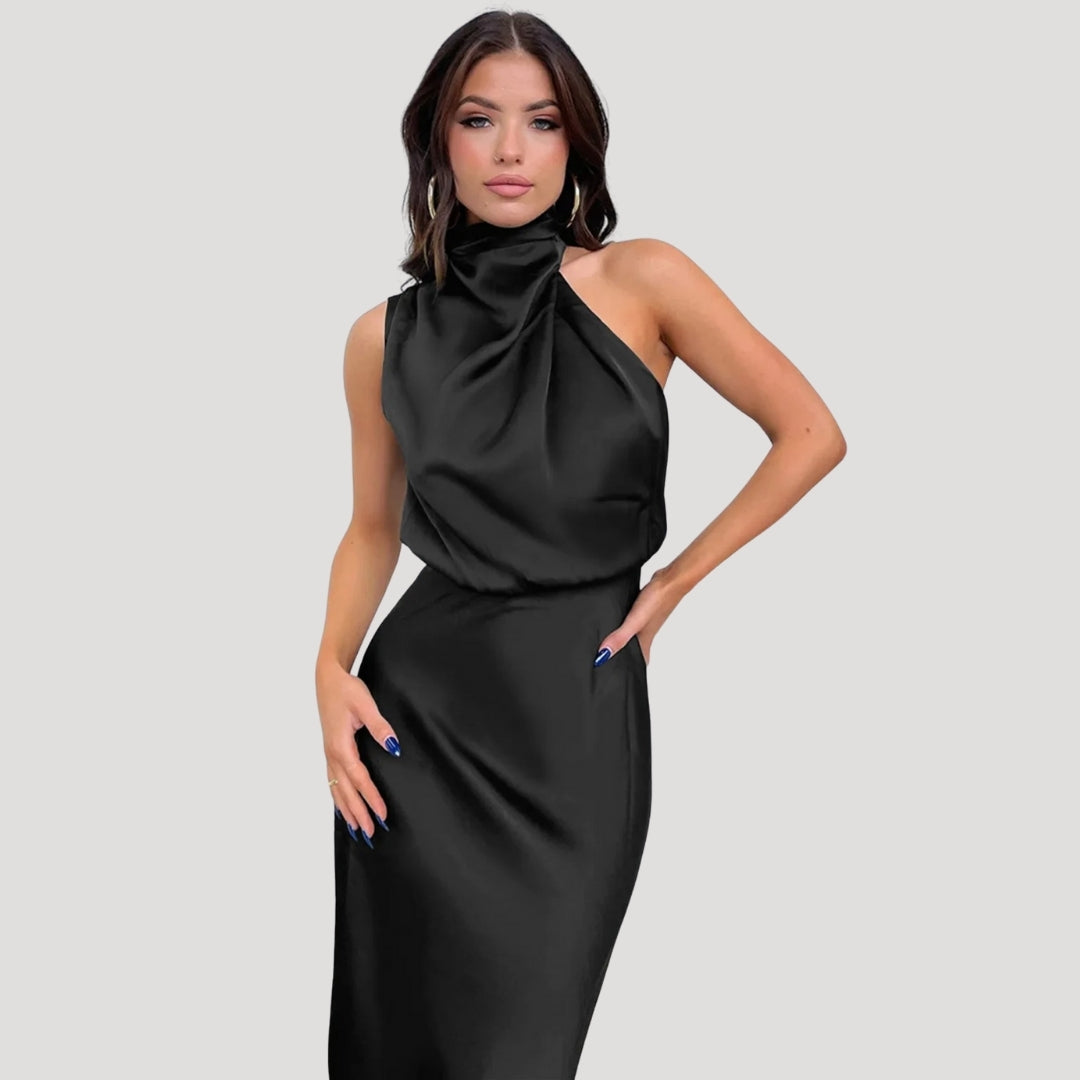 Demi | Women's Satin Halter Dress Black Sleeveless