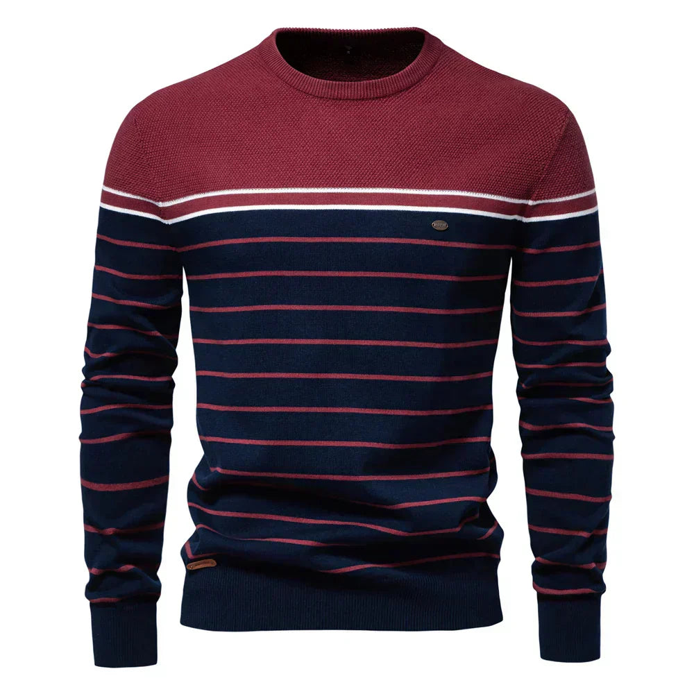 Axel | Men's Striped Crew Neck Sweater Navy Cream Red