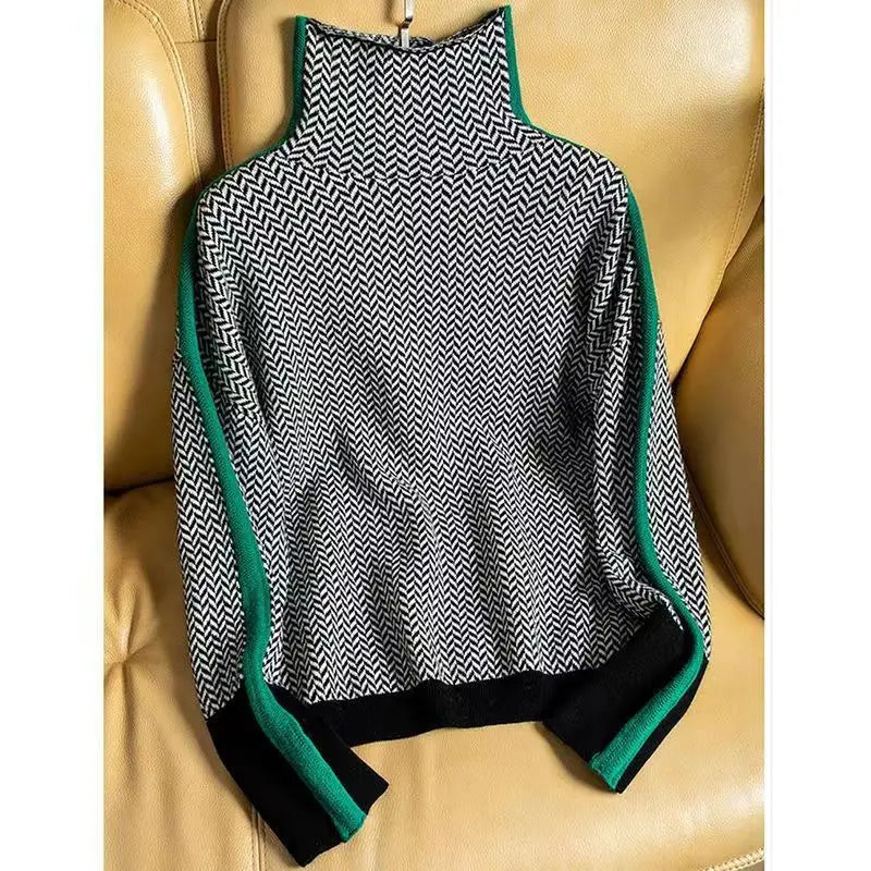 Maren | Women's Herringbone Knit Sweater Brown Orange Trim
