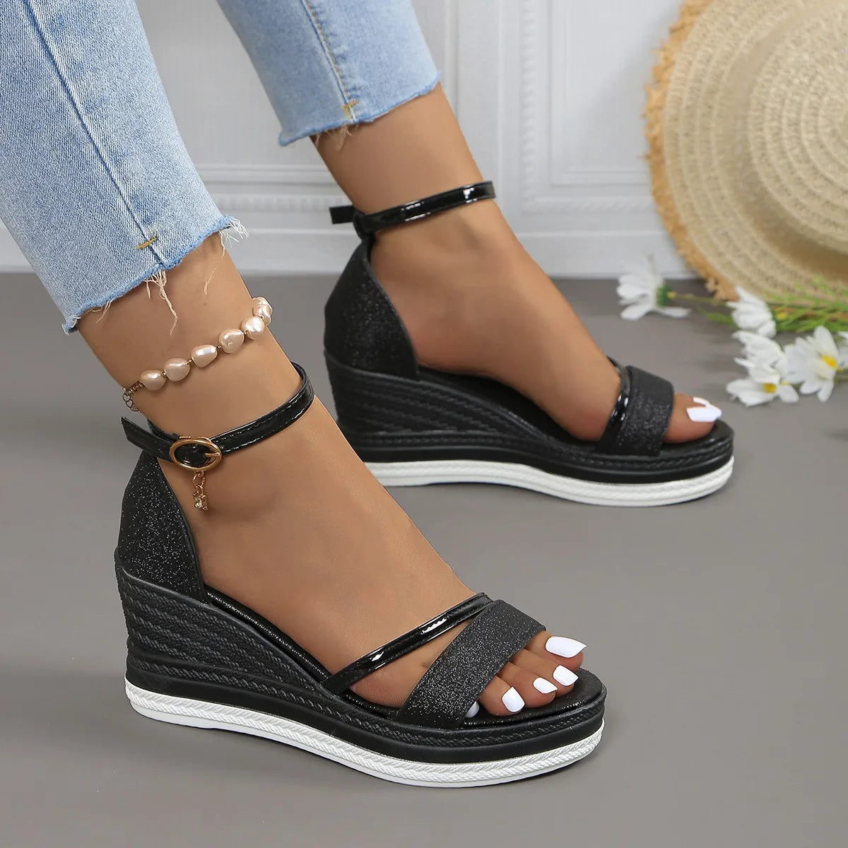 Alma | Women's Glitter Wedge Sandals Ankle Strap Tan