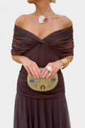 Dama Washington Vera women's off shoulder ruched midi dress brown - front view