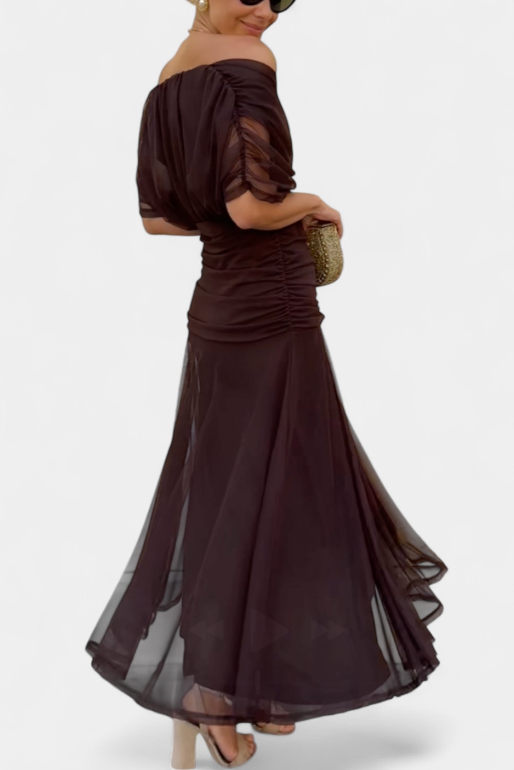 Vera | Women's Off Shoulder Ruched Midi Dress Brown