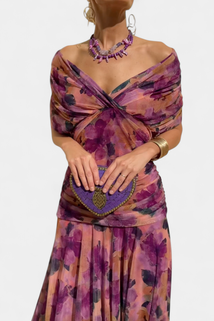 Vera | Women's Off Shoulder Ruched Midi Dress Brown
