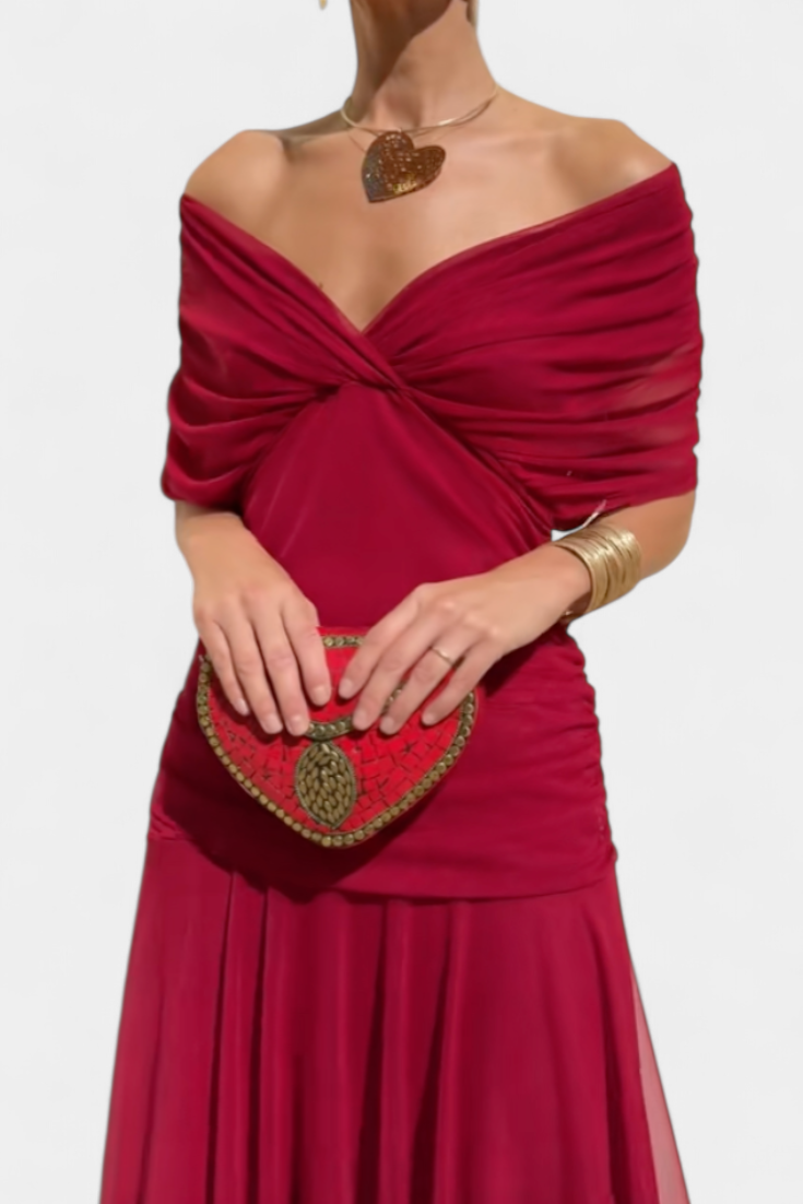 Vera | Women's Off Shoulder Ruched Midi Dress Brown