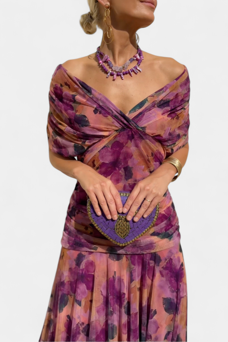 Vera | Women's Off Shoulder Ruched Midi Dress Brown