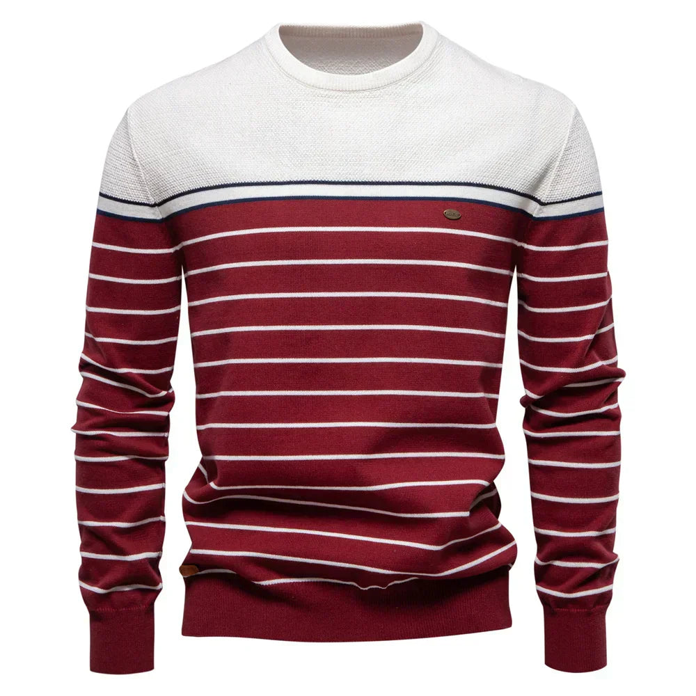 Axel | Men's Striped Crew Neck Sweater Navy Cream Red