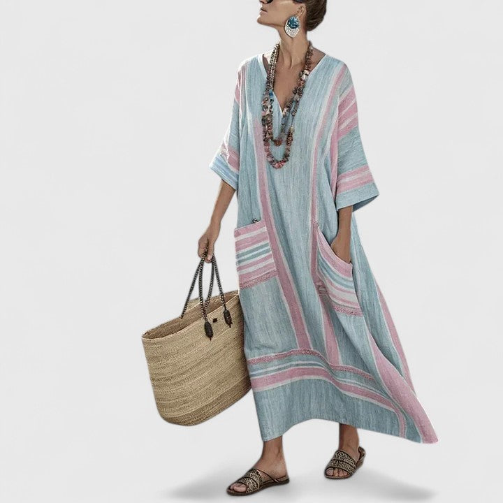Alma | Women's Linen Maxi Dress Sage Boho Striped
