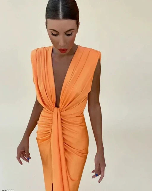 Isla | Women's Ruched Midi Dress Orange Deep V Neck