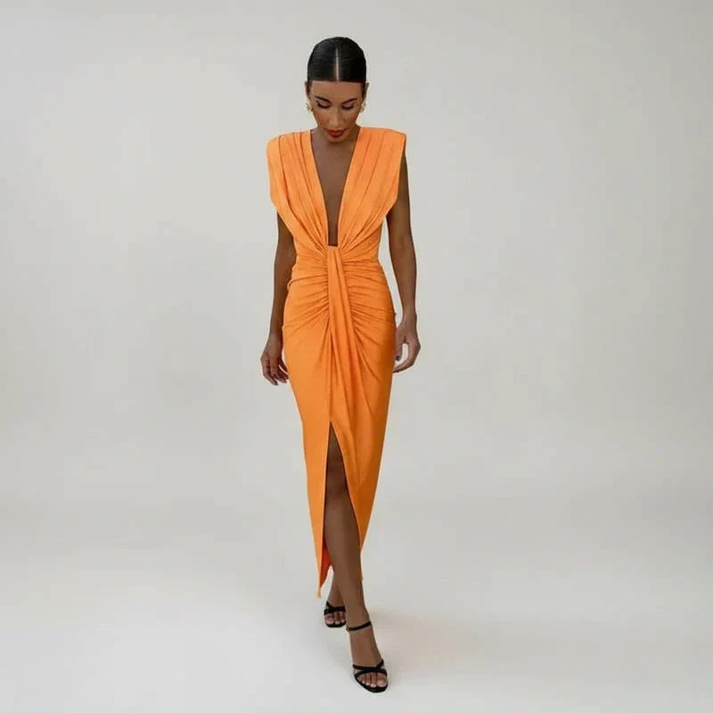 Isla | Women's Ruched Midi Dress Orange Deep V Neck