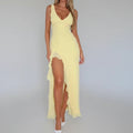 Dama Washington Celine women's asymmetric ruffle yellow slip dress v neck - front view