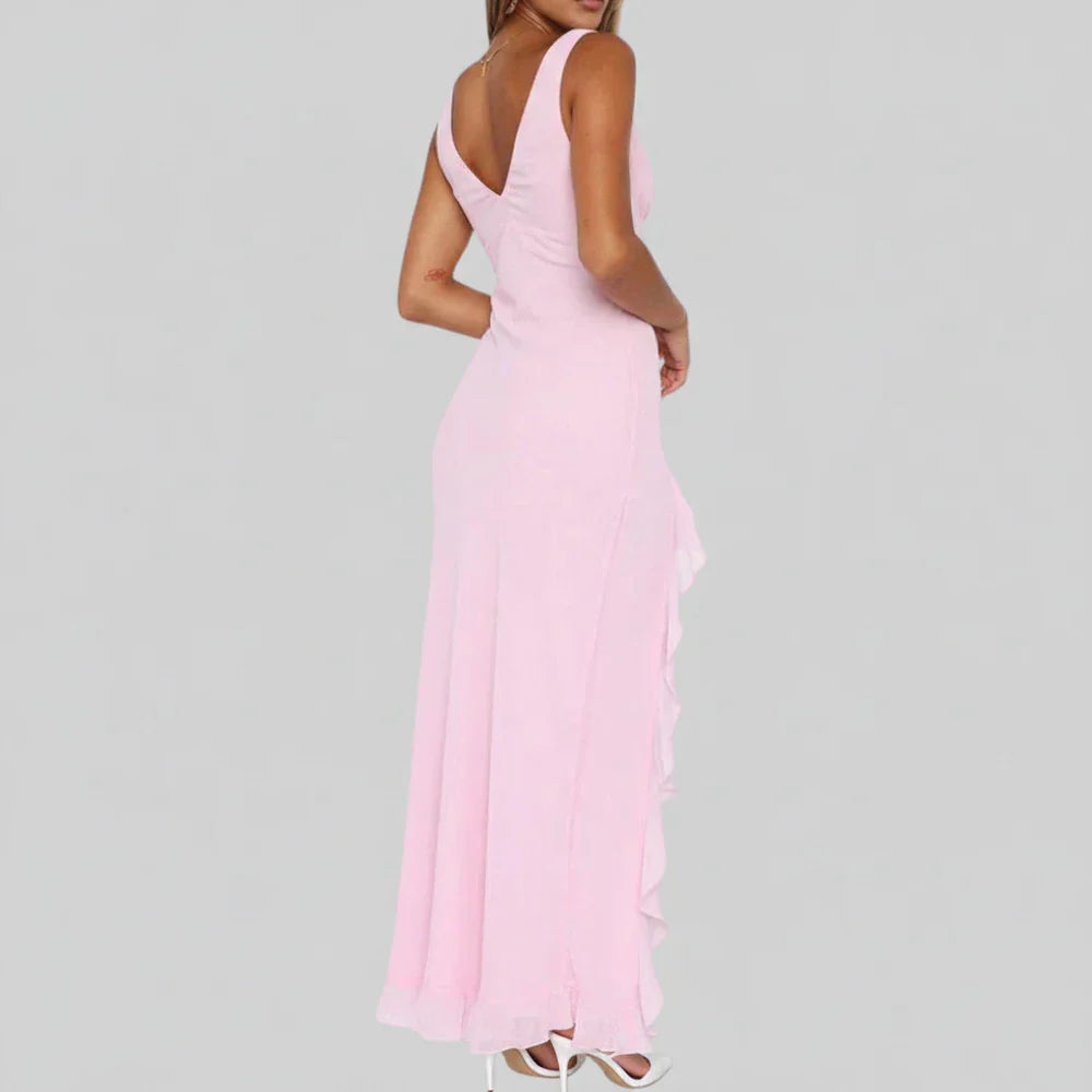 Celine | Women's Asymmetric Ruffle Yellow Slip Dress V Neck