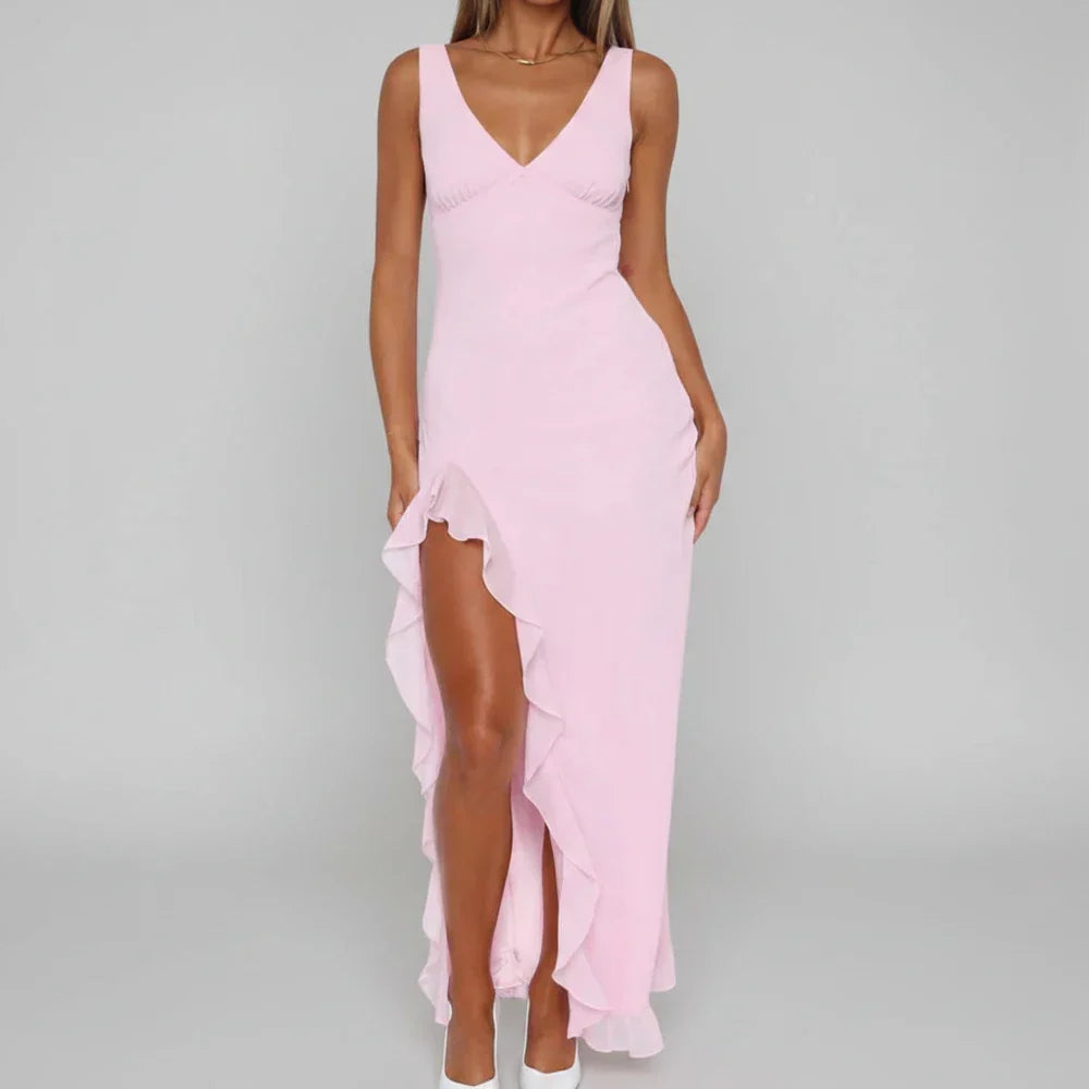 Celine | Women's Asymmetric Ruffle Yellow Slip Dress V Neck