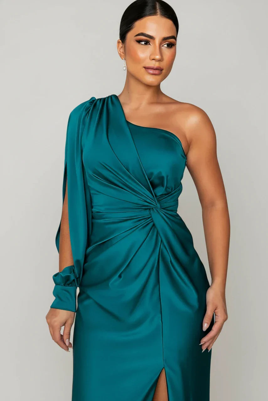 Fleur | Women's One Shoulder Satin Midi Dress Teal Ruched