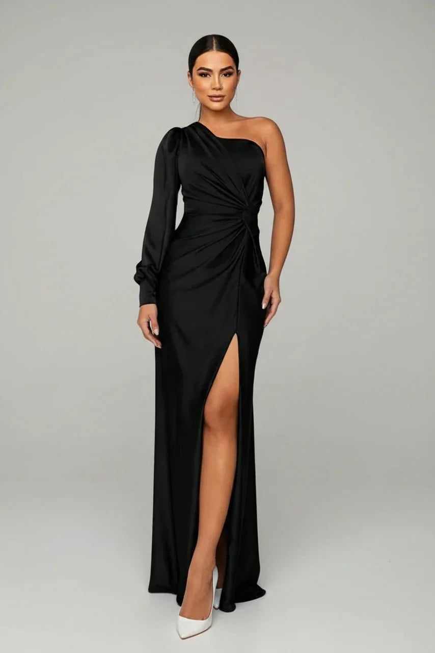 Fleur | Women's One Shoulder Satin Midi Dress Teal Ruched