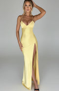 Dama Washington Lola women's slip maxi dress yellow v neck spaghetti strap - front view