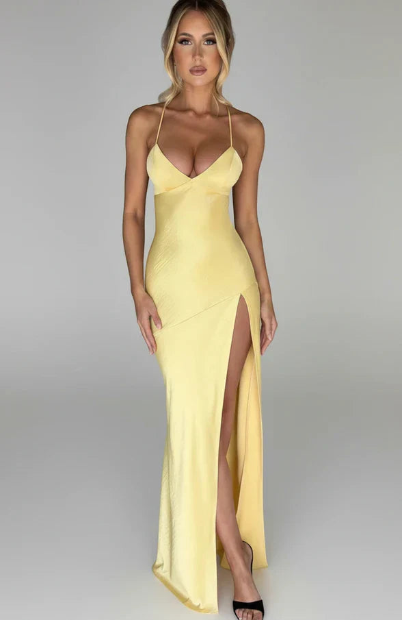 Lola | Women's Slip Maxi Dress Yellow V Neck Spaghetti Strap