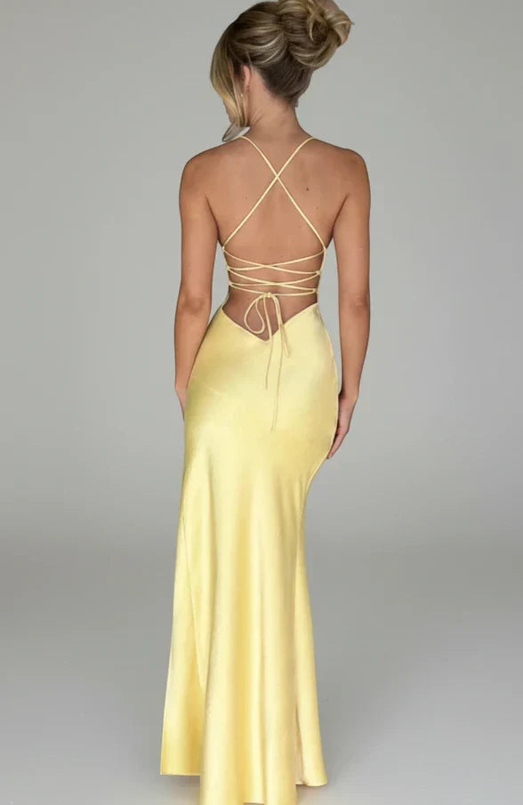 Lola | Women's Slip Maxi Dress Yellow V Neck Spaghetti Strap