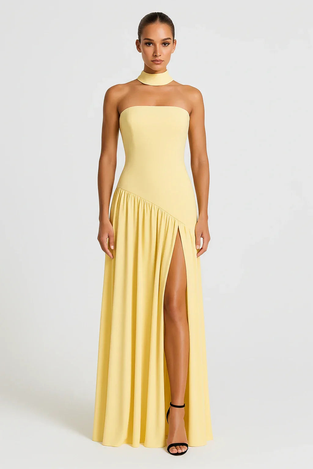 Lyra | Women's Strapless Maxi Dress Yellow Slit High Slit