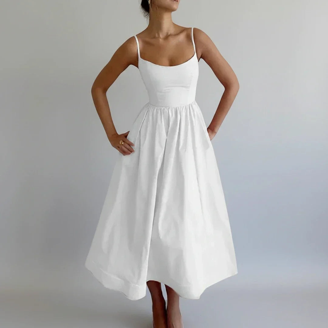 Nina | Women's A Line Midi Dress White Sleeveless