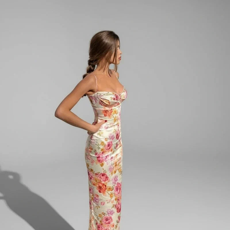 Edie | Women's Floral Ruched Maxi Dress Cream Sweetheart Neckline