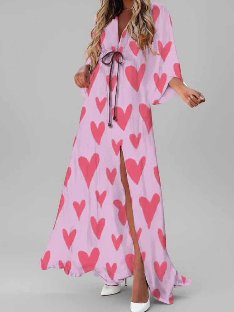 Fleur | Women's Boho Maxi Dress Pink Colorful Abstract Print Wrap Sleeve