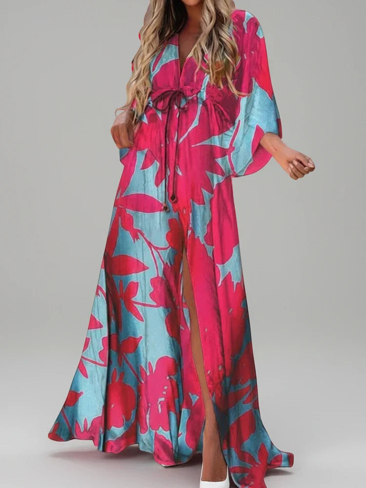 Fleur | Women's Boho Maxi Dress Pink Colorful Abstract Print Wrap Sleeve