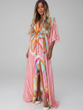 Dama Washington Fleur women's boho maxi dress pink colorful abstract print wrap sleeve - front view