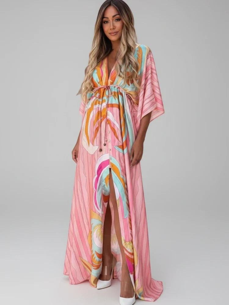Fleur | Women's Boho Maxi Dress Pink Colorful Abstract Print Wrap Sleeve