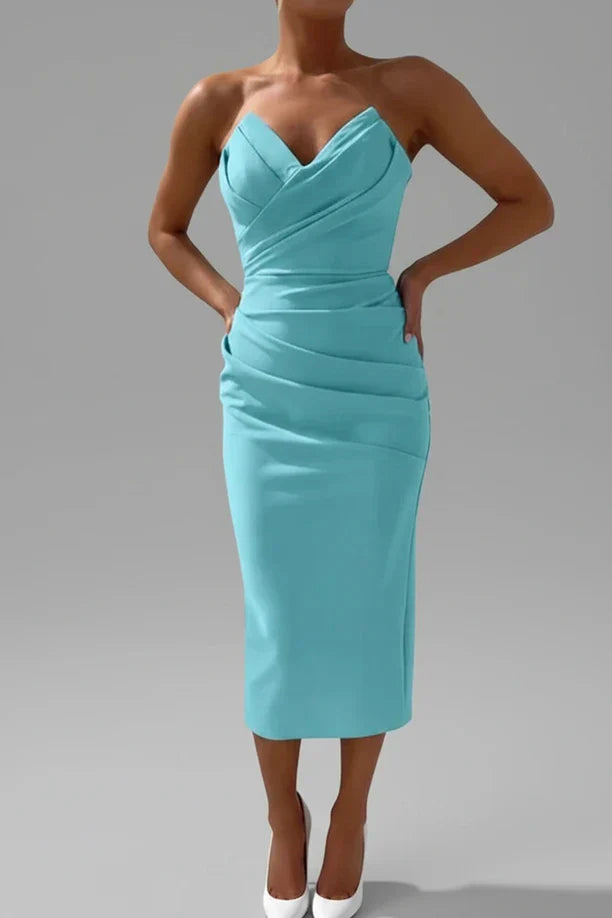 Esme | Women's Strapless Midi Dress Ruched Light Blue