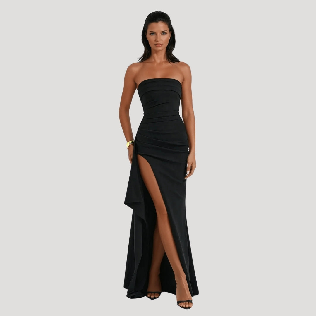 Vera | Women's Strapless Ruched Black Maxi Dress