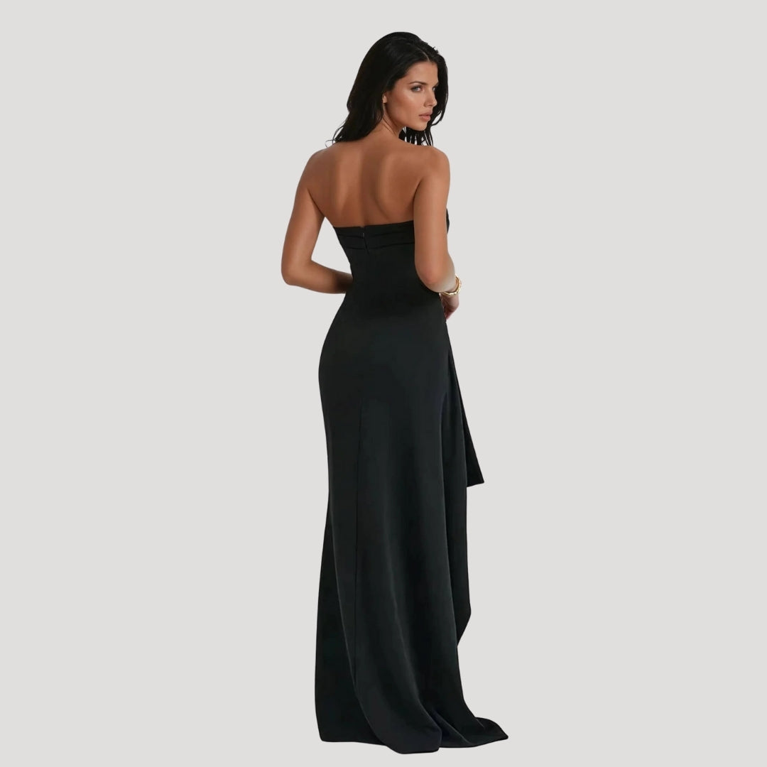 Vera | Women's Strapless Ruched Black Maxi Dress