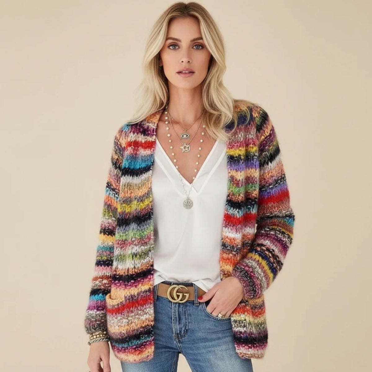 Dama Washington Camille women's boho striped cardigan multicolor long sleeve - front view