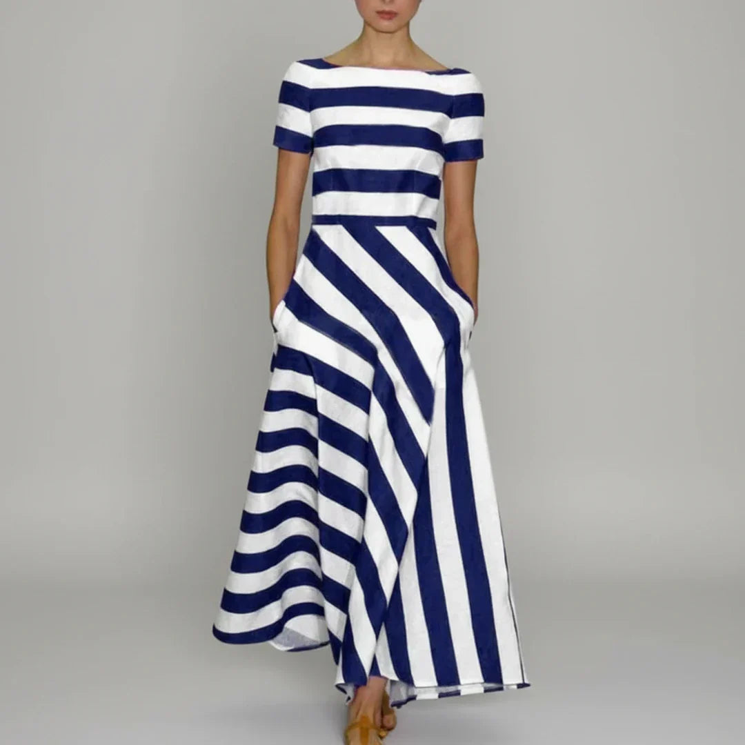 Greta | Women's Striped Maxi Dress Red White Short Sleeve
