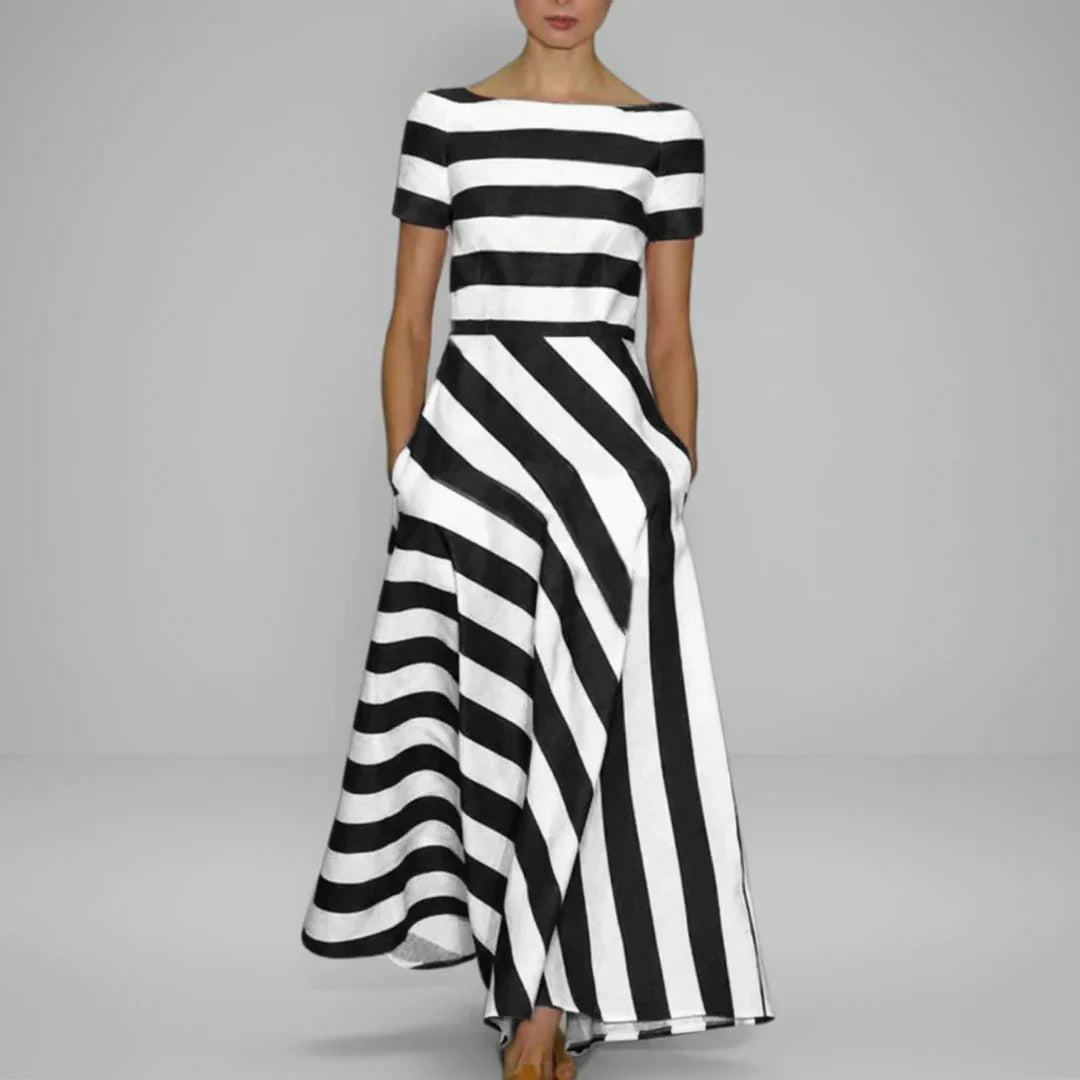 Greta | Women's Striped Maxi Dress Red White Short Sleeve