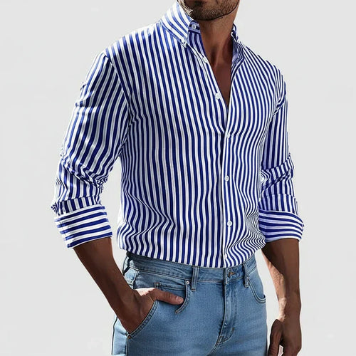 Dama Washington Axel men's striped button up shirt navy white - front view