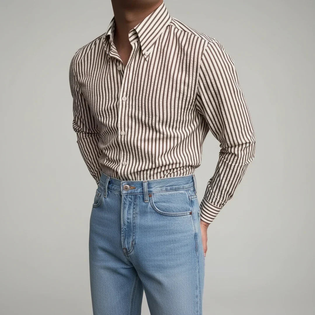 Axel | Men's Striped Button Up Shirt Cream Long Sleeve