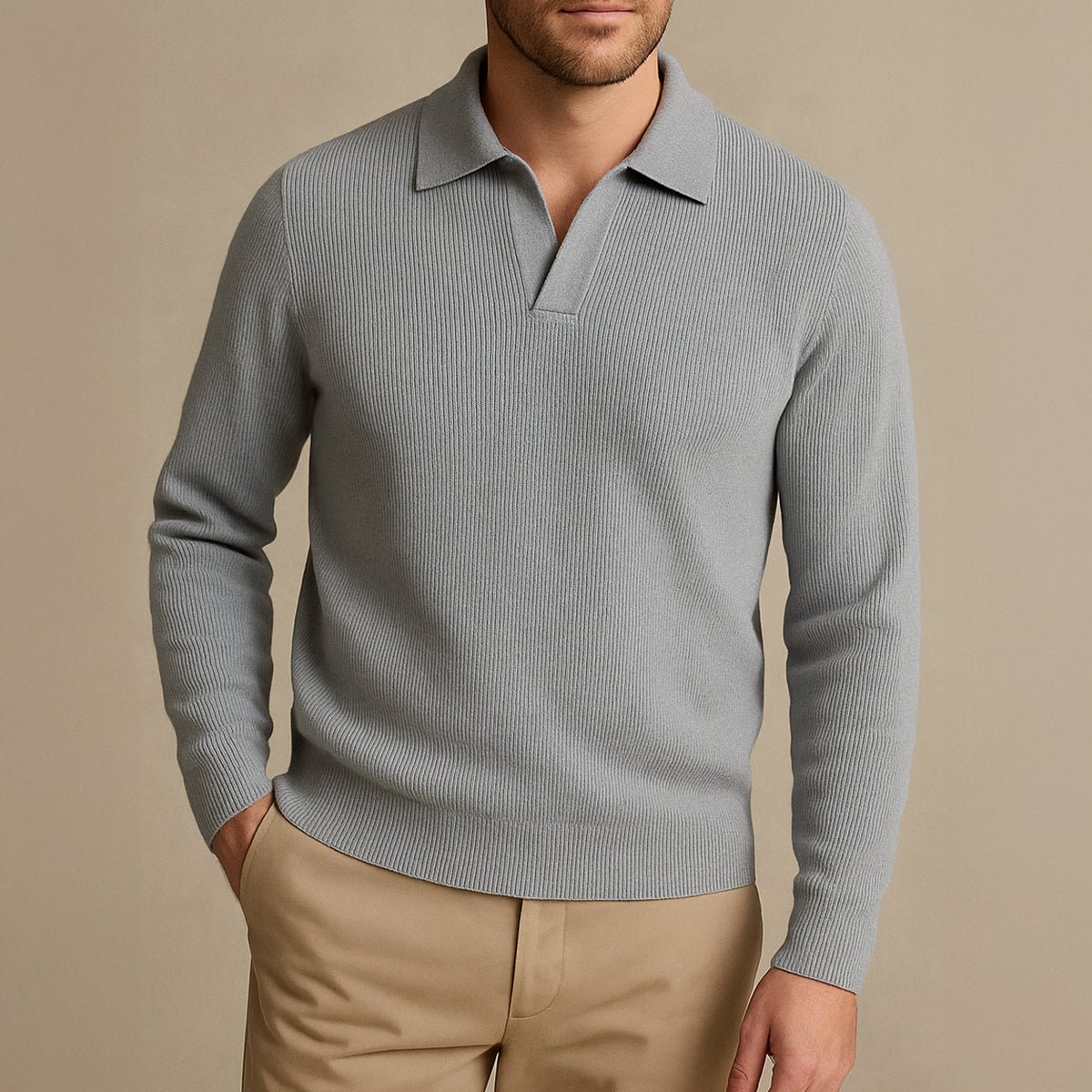 Axel | Men's Ribbed Polo Sweater Gray Long Sleeve