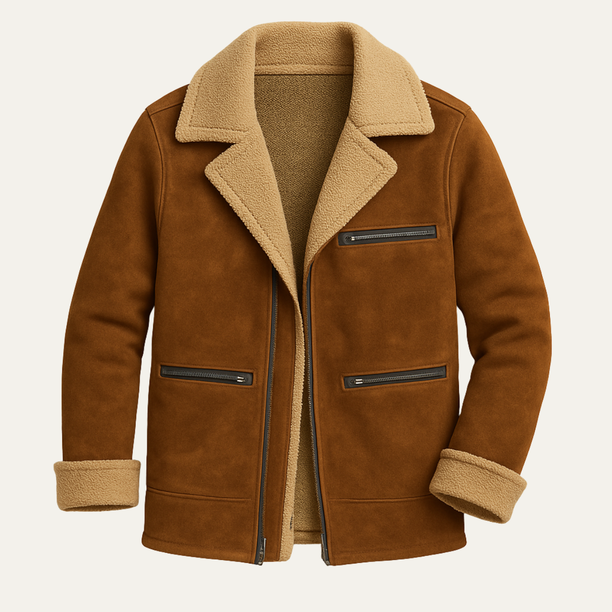 Flint | Men's Sherpa Lined Suede Jacket Brown Zipper Pockets