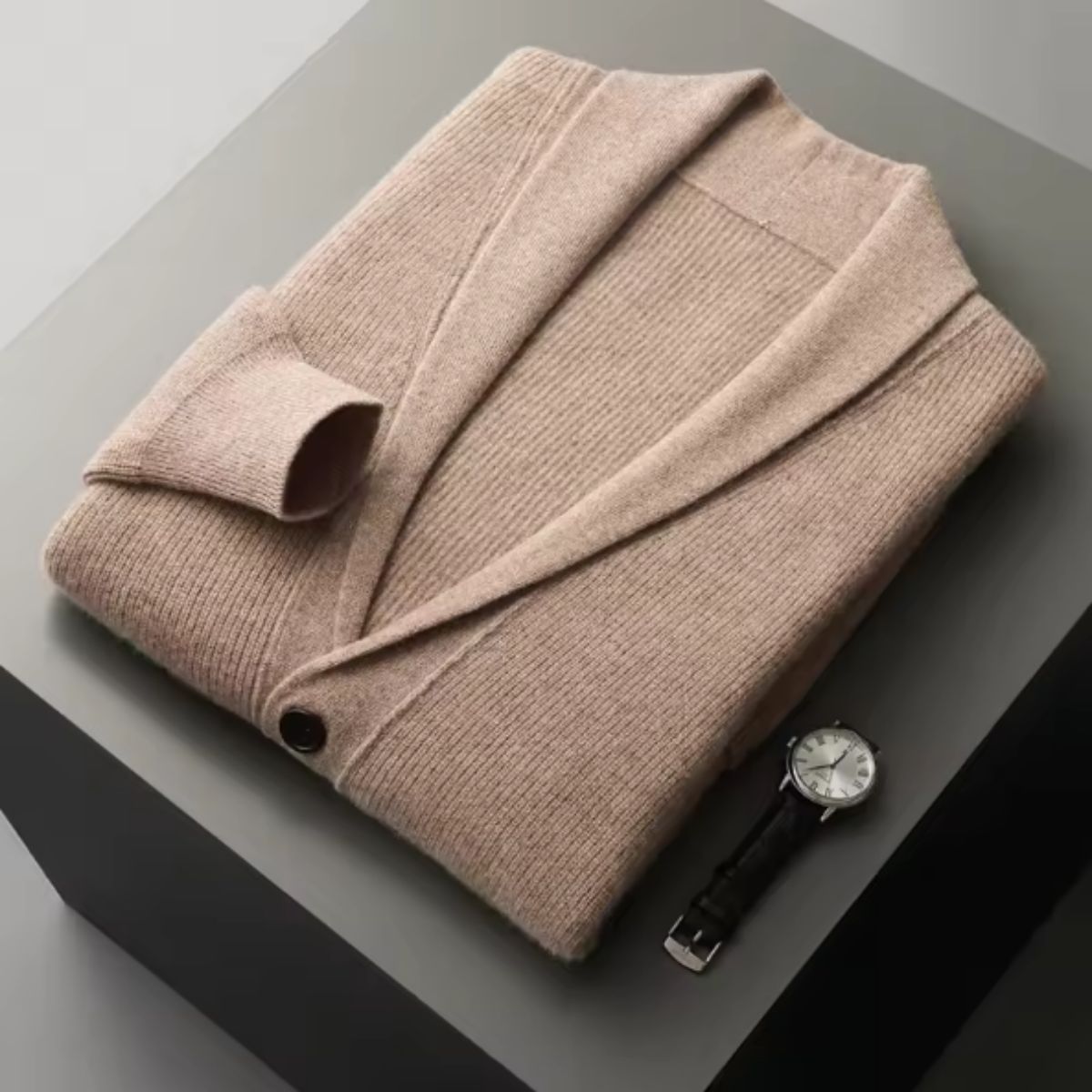 Axel | Men's Cream Ribbed Cardigan Sweater Button Up Pockets
