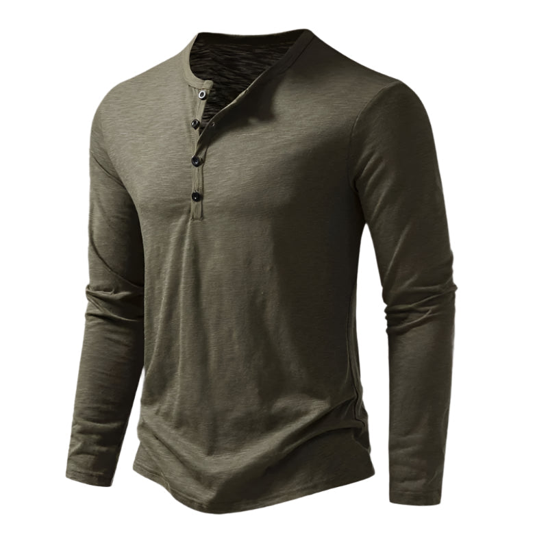 Bram | Men's Long Sleeve Henley Shirt Olive Green Button Placket