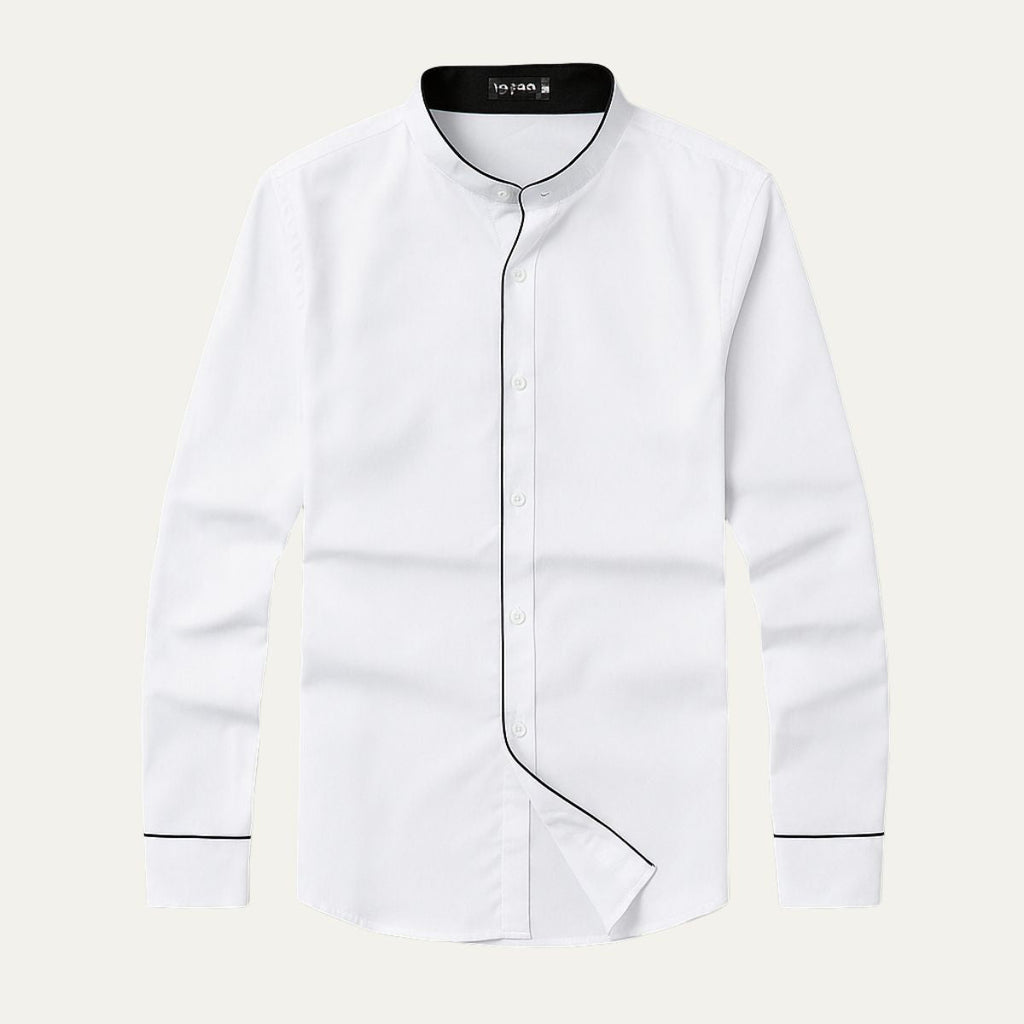 Dama Washington Axel men's button up shirt white black trim - front view