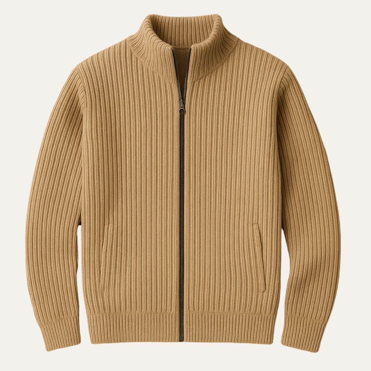 Luisa | Men's Ribbed Zip Up Cardigan Cream Mock Neck