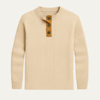 Dama Washington Axel men's ribbed crew neck sweater cream henley button placket - front view