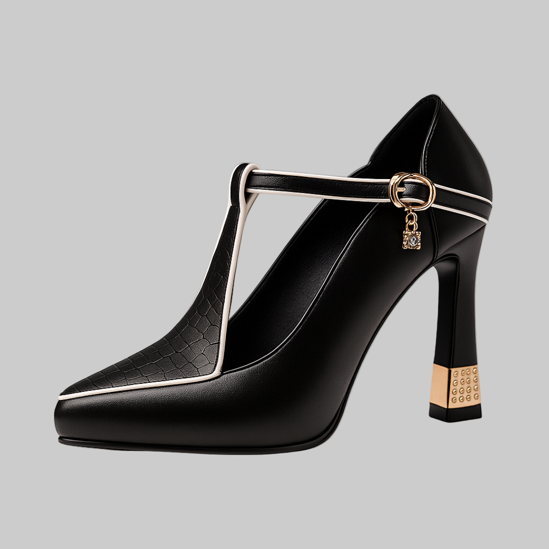 Opal | Women's T Strap Pump Black Studded Heel