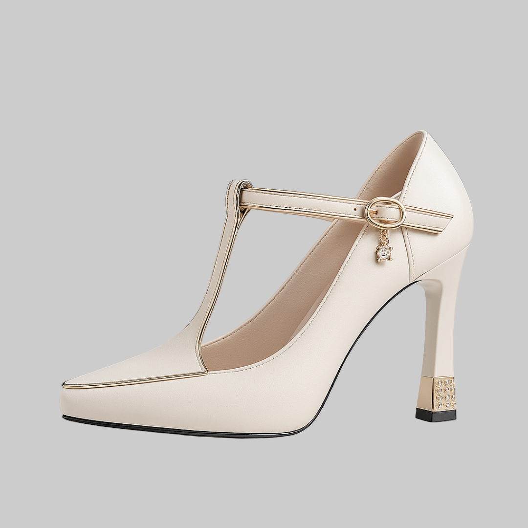 Opal | Women's T Strap Pump Black Studded Heel