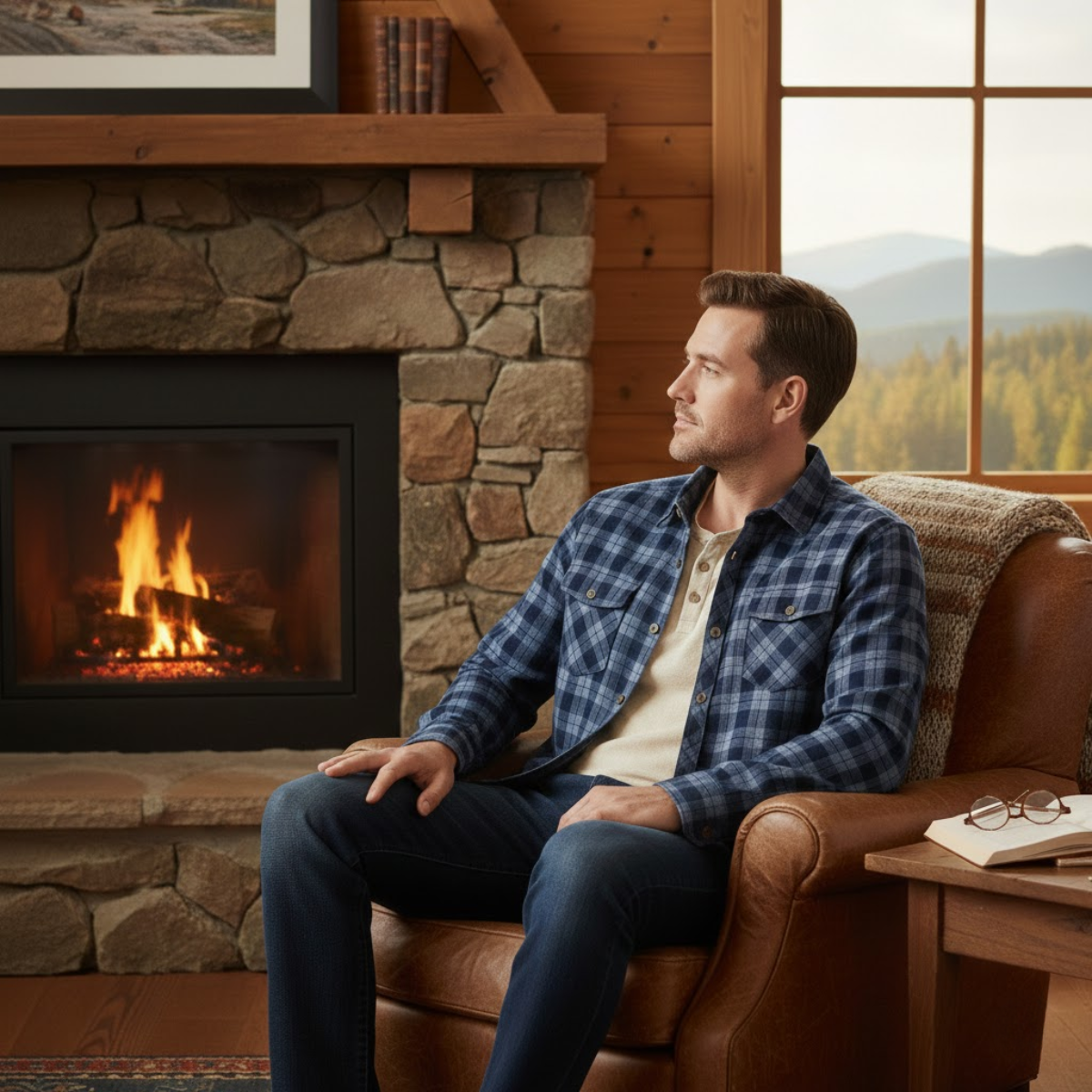 Axel | Men's Plaid Flannel Shirt Navy Blue Chest Pockets