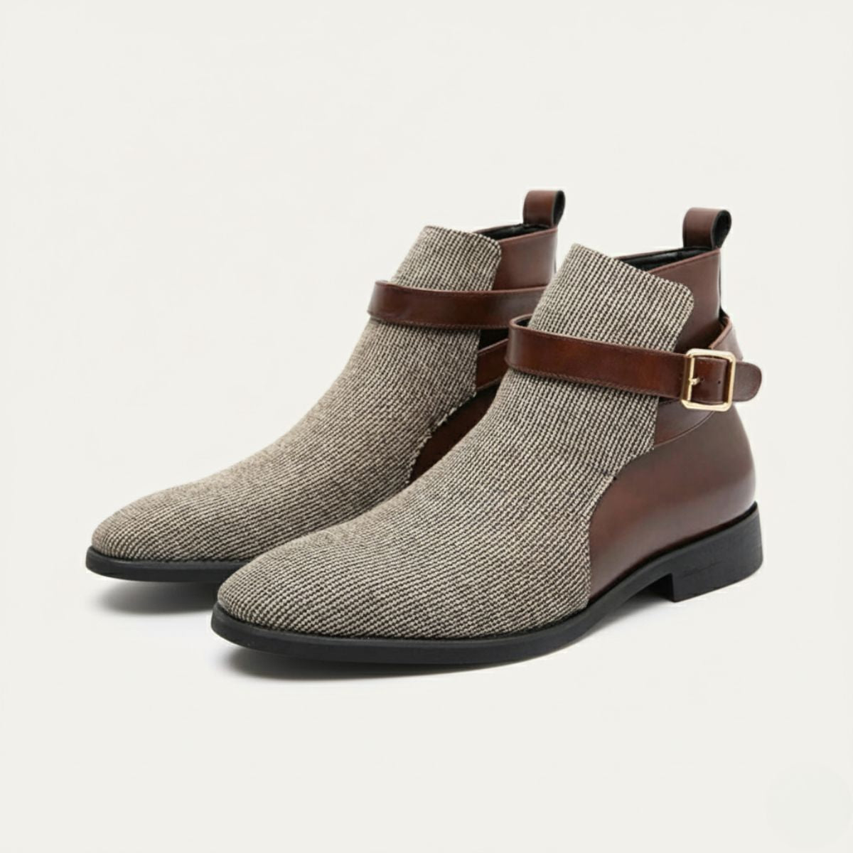 Voss | Men's Chelsea Boots Gray Tweed Brown Leather Buckle
